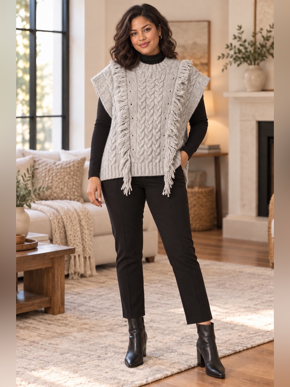 Aerie Fringe Cable Pullover Fringed Poncho Sweater Vest - Gray